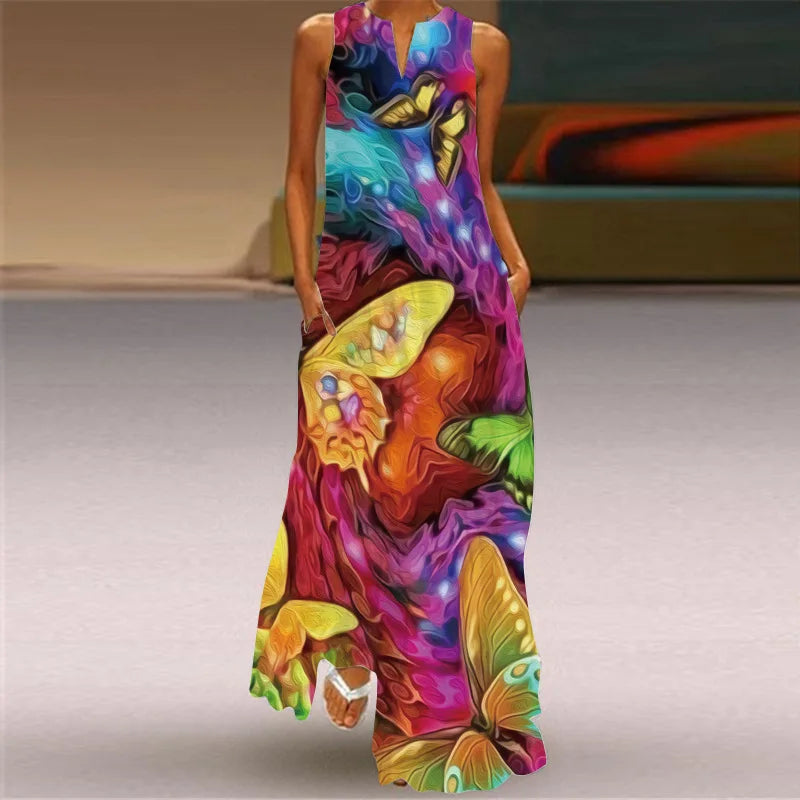 CM | Fresco Estampado Floral Verano Cuello Abierto Vestido Largo Cuello en V Vestido de Playa sin Mangas con Bolsillos