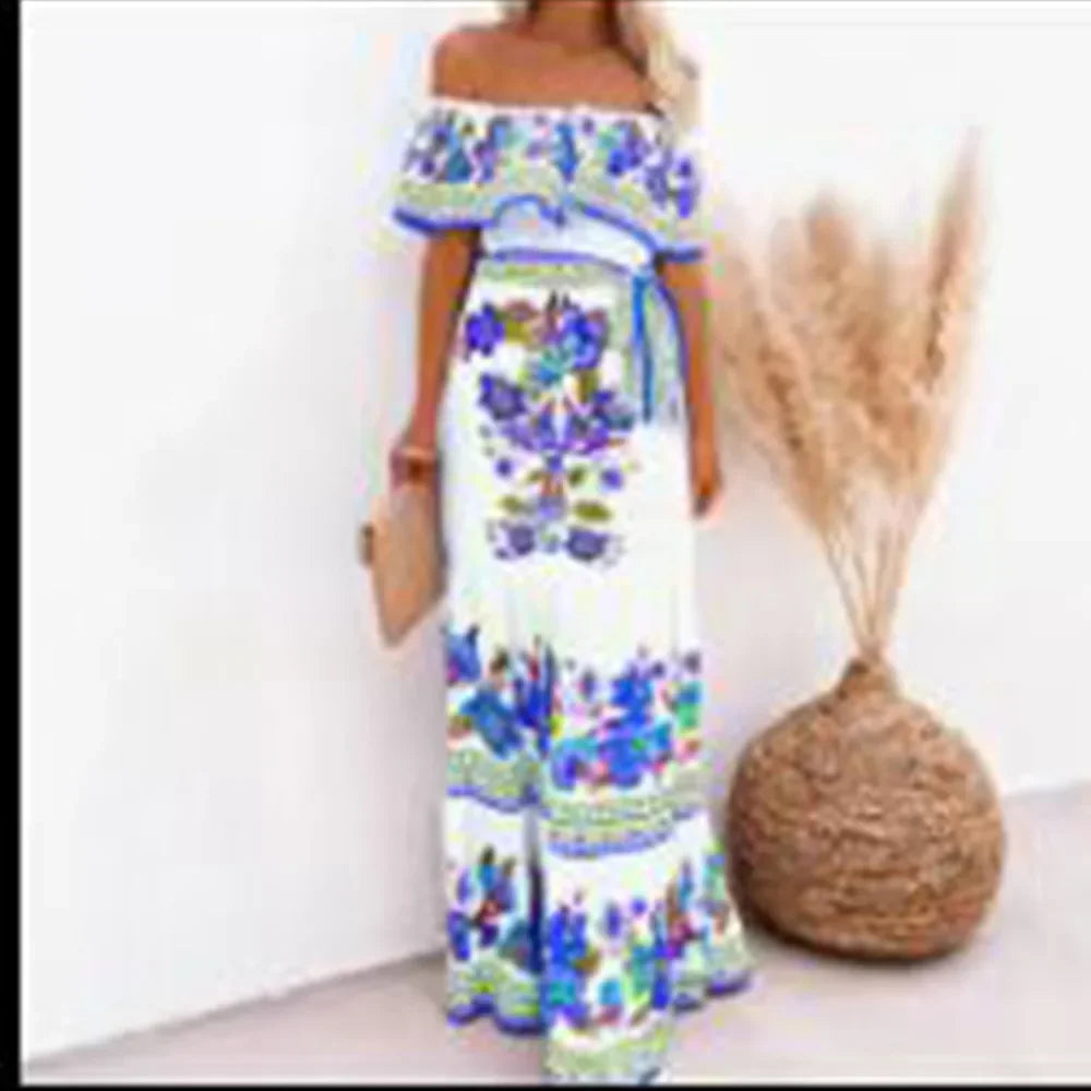 CM | Primavera Verano Vestido maxi sin hombros con estampado floral rojo Sin mangas Ajuste holgado Dobladillo ancho para fiestas y ropa casual