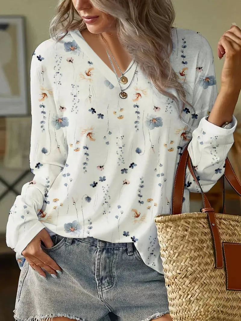 CM | Blusa floral Moderna blusa primaveral con cuello en V y estampado floral
