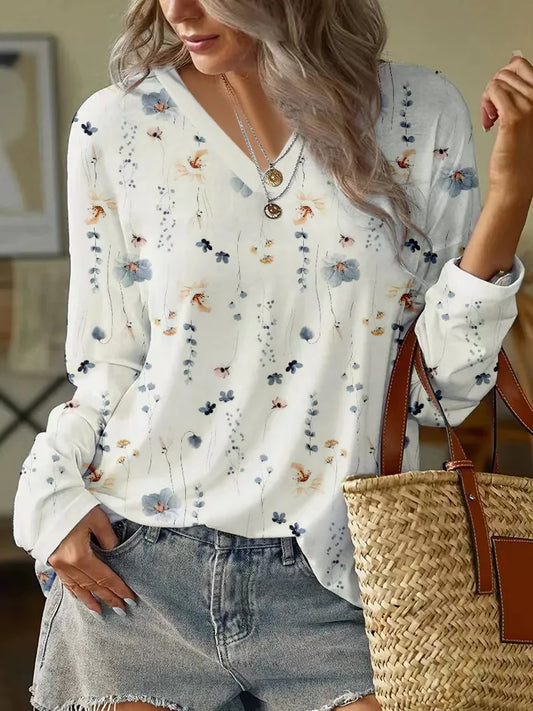 CM | Blusa floral Moderna blusa primaveral con cuello en V y estampado floral