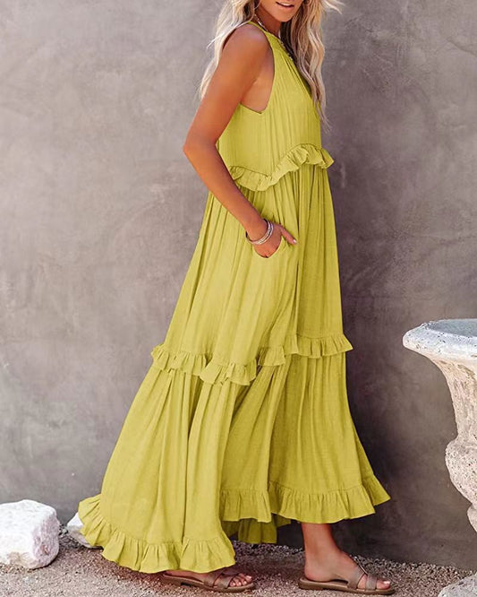CM | Maxivestido de mujer - Corte relajado - Cuello halter - Detalle de volantes - Fibras naturales