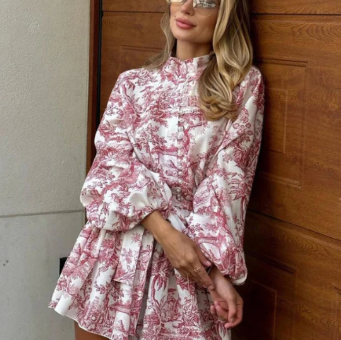CM | Vestido corto con estampado de lino jouy