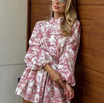 CM | Vestido corto con estampado de lino jouy