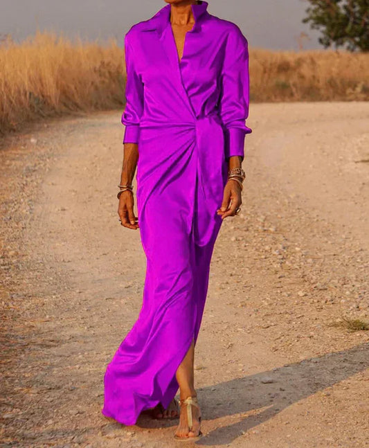 CM | maxi vestido de mujer - aspecto satinado - aspecto envolvente - con cuello - cintura fruncida - mangas largas