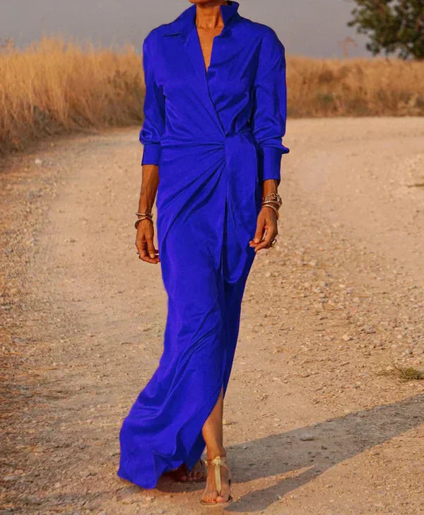 CM | maxi vestido de mujer - aspecto satinado - aspecto envolvente - con cuello - cintura fruncida - mangas largas