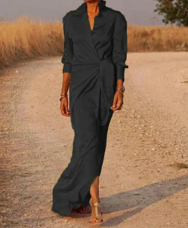 CM | maxi vestido de mujer - aspecto satinado - aspecto envolvente - con cuello - cintura fruncida - mangas largas