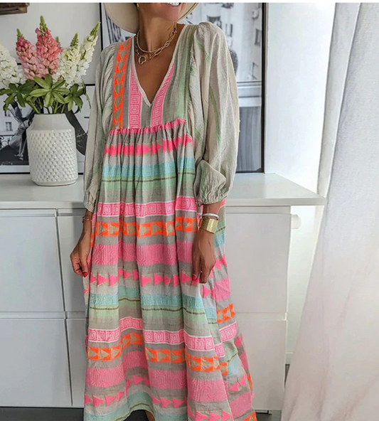 CM | Maxivestido de mujer - Corte relajado - Cuello en pico - Mangas largas - Estilo bohemio - Mezcla transpirable