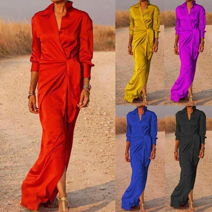 CM | maxi vestido de mujer - aspecto satinado - aspecto envolvente - con cuello - cintura fruncida - mangas largas