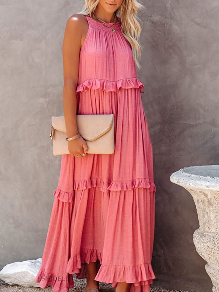CM | Maxivestido de mujer - Corte relajado - Cuello halter - Detalle de volantes - Fibras naturales