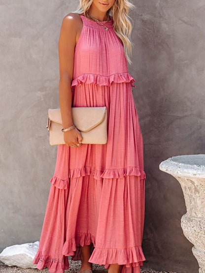 CM | Maxivestido de mujer - Corte relajado - Cuello halter - Detalle de volantes - Fibras naturales