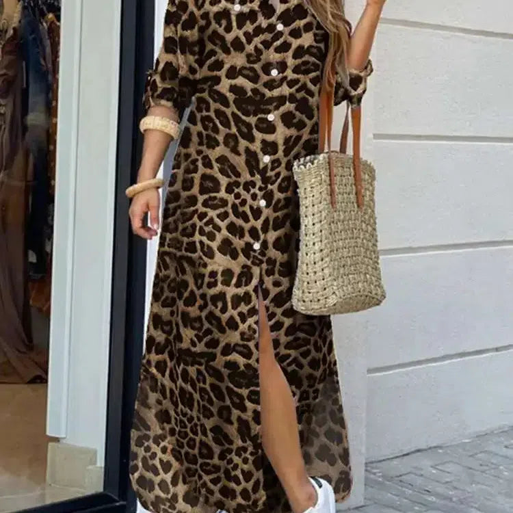 CM | Vintage Leopard Maxi Vestido Otoño Manga Larga Oversized Sunday Dress