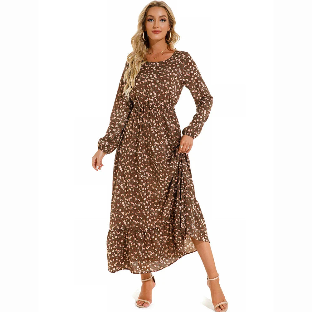 CM | Verano Bohemio Maxi Vestido Manga Larga Cintura Alta Floral Gasa