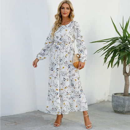 CM | Verano Bohemio Maxi Vestido Manga Larga Cintura Alta Floral Gasa