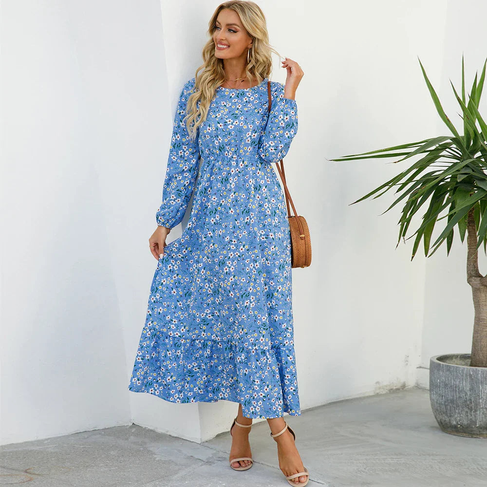 CM | Verano Bohemio Maxi Vestido Manga Larga Cintura Alta Floral Gasa