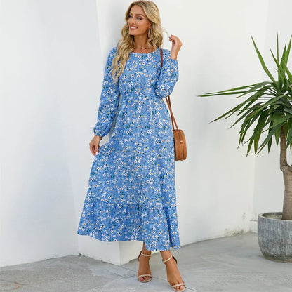 CM | Verano Bohemio Maxi Vestido Manga Larga Cintura Alta Floral Gasa
