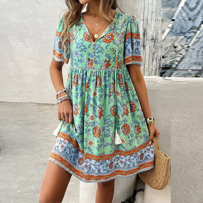 CM | Ariana™ Floral boho mini vestido con escote en V