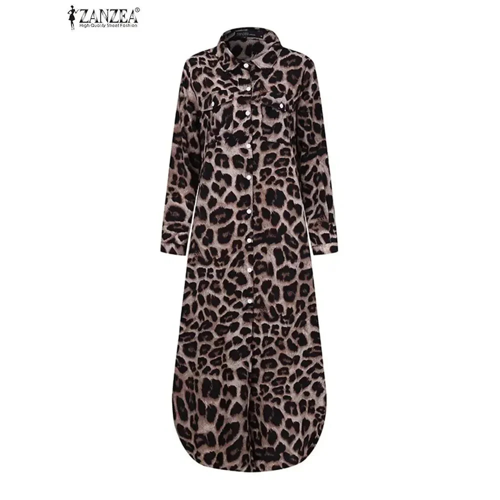 CM | Vintage Leopard Maxi Vestido Otoño Manga Larga Oversized Sunday Dress
