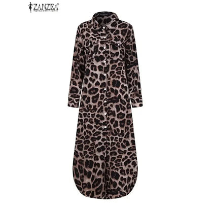 CM | Vintage Leopard Maxi Vestido Otoño Manga Larga Oversized Sunday Dress