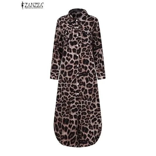 CM | Vintage Leopard Maxi Vestido Otoño Manga Larga Oversized Sunday Dress