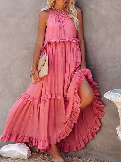 CM | Maxivestido de mujer - Corte relajado - Cuello halter - Detalle de volantes - Fibras naturales