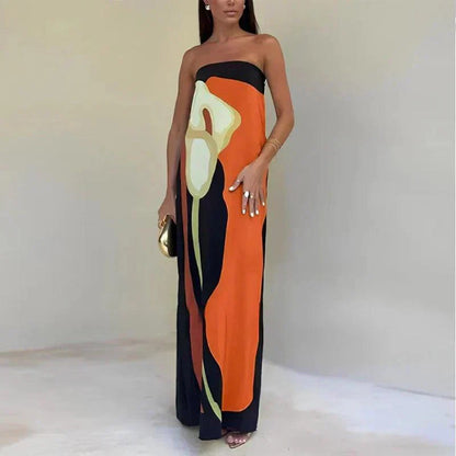 CM | Vestido maxi de mujer - sin tirantes - material ligero - silueta columna - estampado abstracto