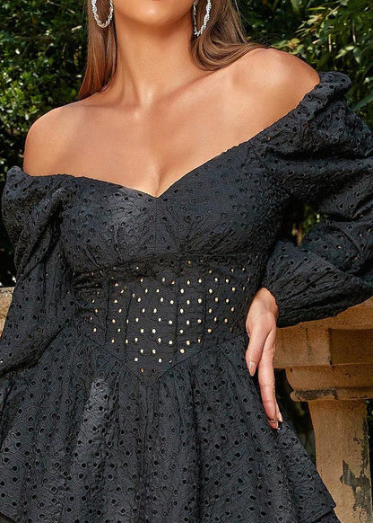 CM | Sexy Francés Un Hombro Hueco Vestido Corto Manga Burbuja