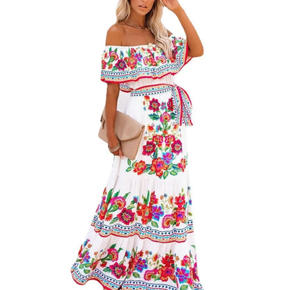CM | Primavera Verano Vestido maxi sin hombros con estampado floral rojo Sin mangas Ajuste holgado Dobladillo ancho para fiestas y ropa casual