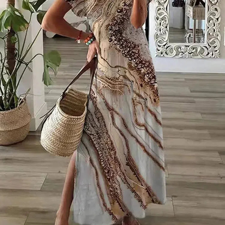 CM | Chic T-Shirt Estilo Impreso Maxi Vestido Mujeres Cuello Redondo Casual Verano Vestido de Vacaciones