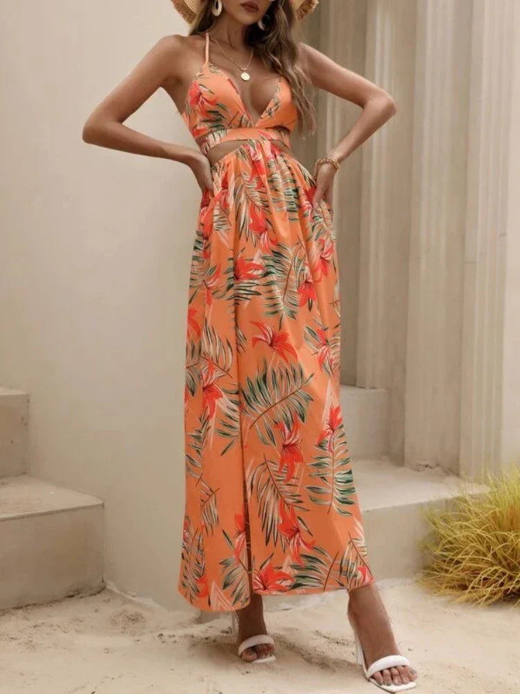 CM | verano las mujeres bohemio impreso maxi vestido con lazo partido sin espalda elegante vestido de fiesta de playa para las mujeres