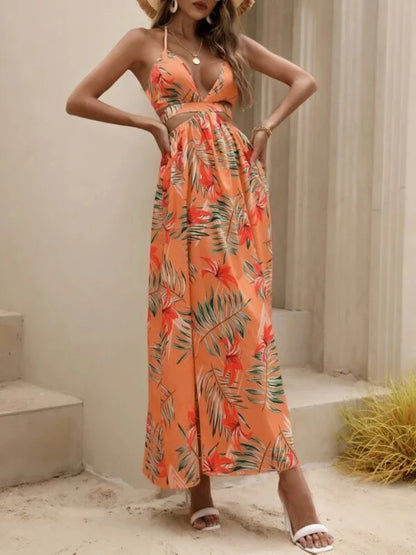 CM | verano las mujeres bohemio impreso maxi vestido con lazo partido sin espalda elegante vestido de fiesta de playa para las mujeres