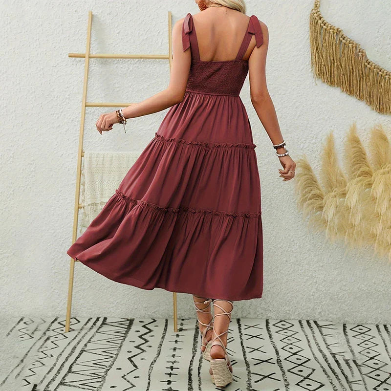 CM | Elegante vestido largo plisado sin espalda con volantes para mujer