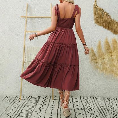 CM | Elegante vestido largo plisado sin espalda con volantes para mujer
