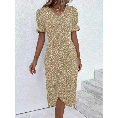 CM | Elegante vestido midi plisado floral con mangas abullonadas y escote en V