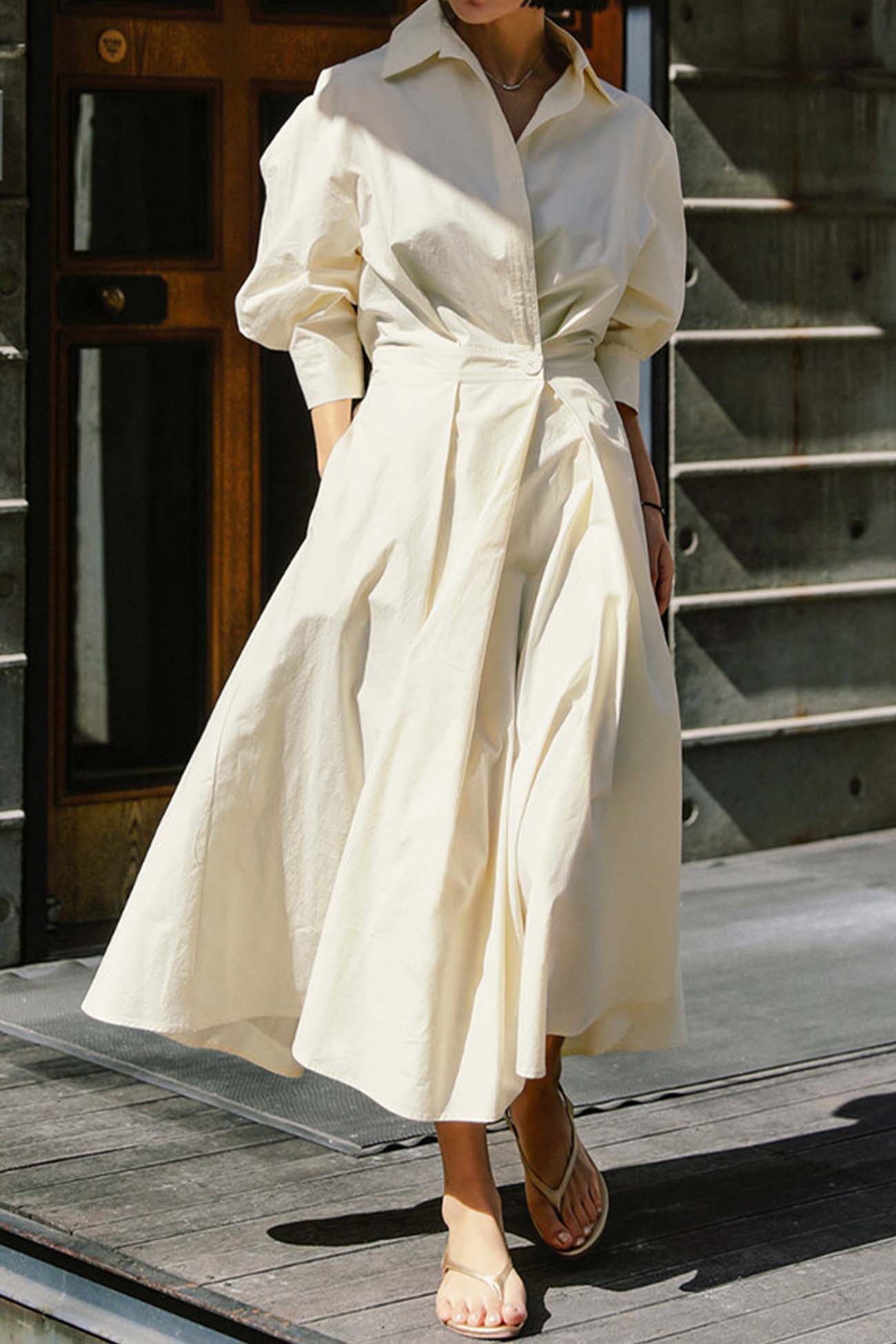 CM | Vestido midi camisero de manga larga A en algodón