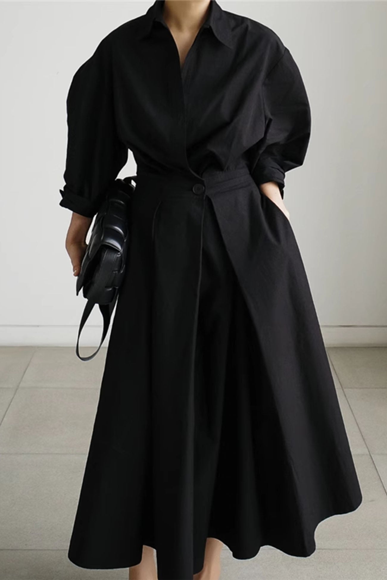 CM | Vestido midi camisero de manga larga A en algodón