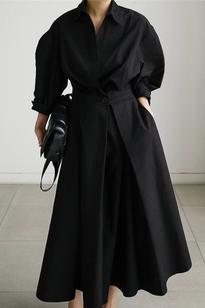 CM | Vestido midi camisero de manga larga A en algodón