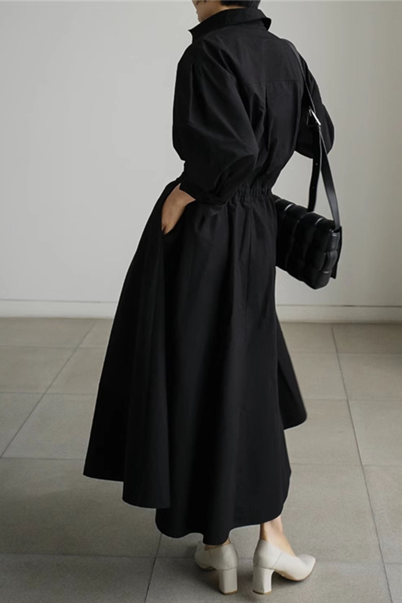 CM | Vestido midi camisero de manga larga A en algodón