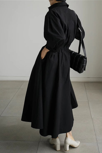 CM | Vestido midi camisero de manga larga A en algodón