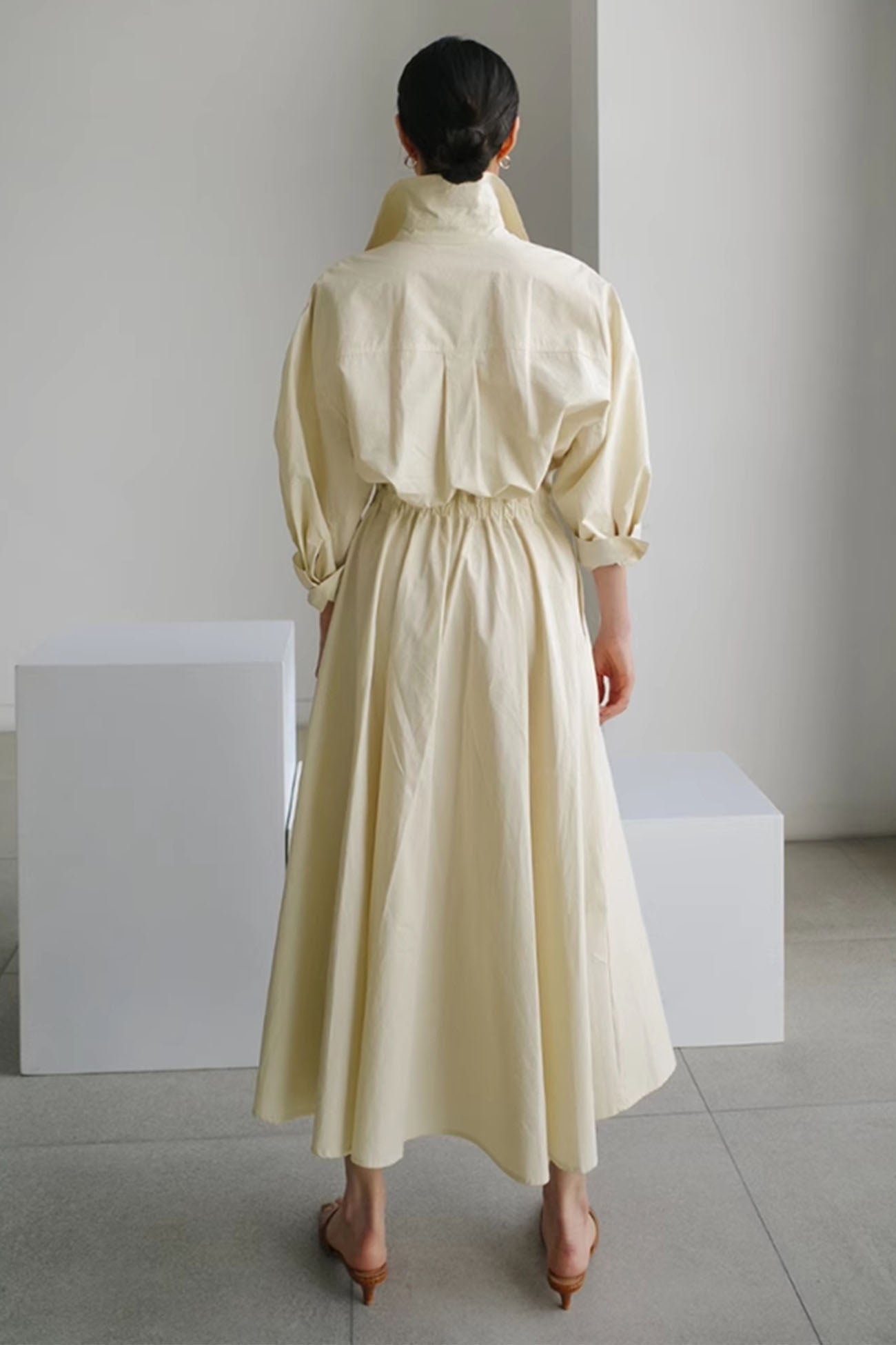 CM | Vestido midi camisero de manga larga A en algodón