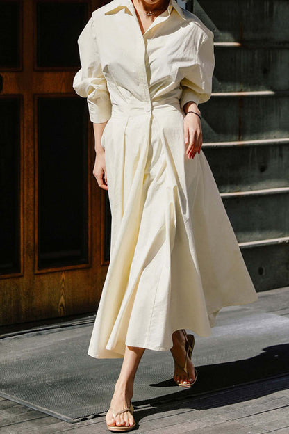 CM | Vestido midi camisero de manga larga A en algodón