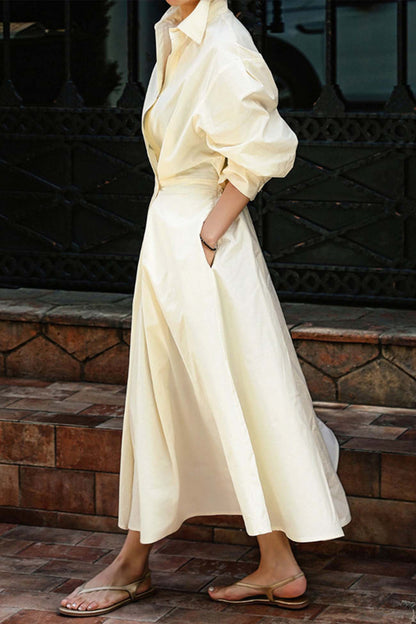 CM | Vestido midi camisero de manga larga A en algodón