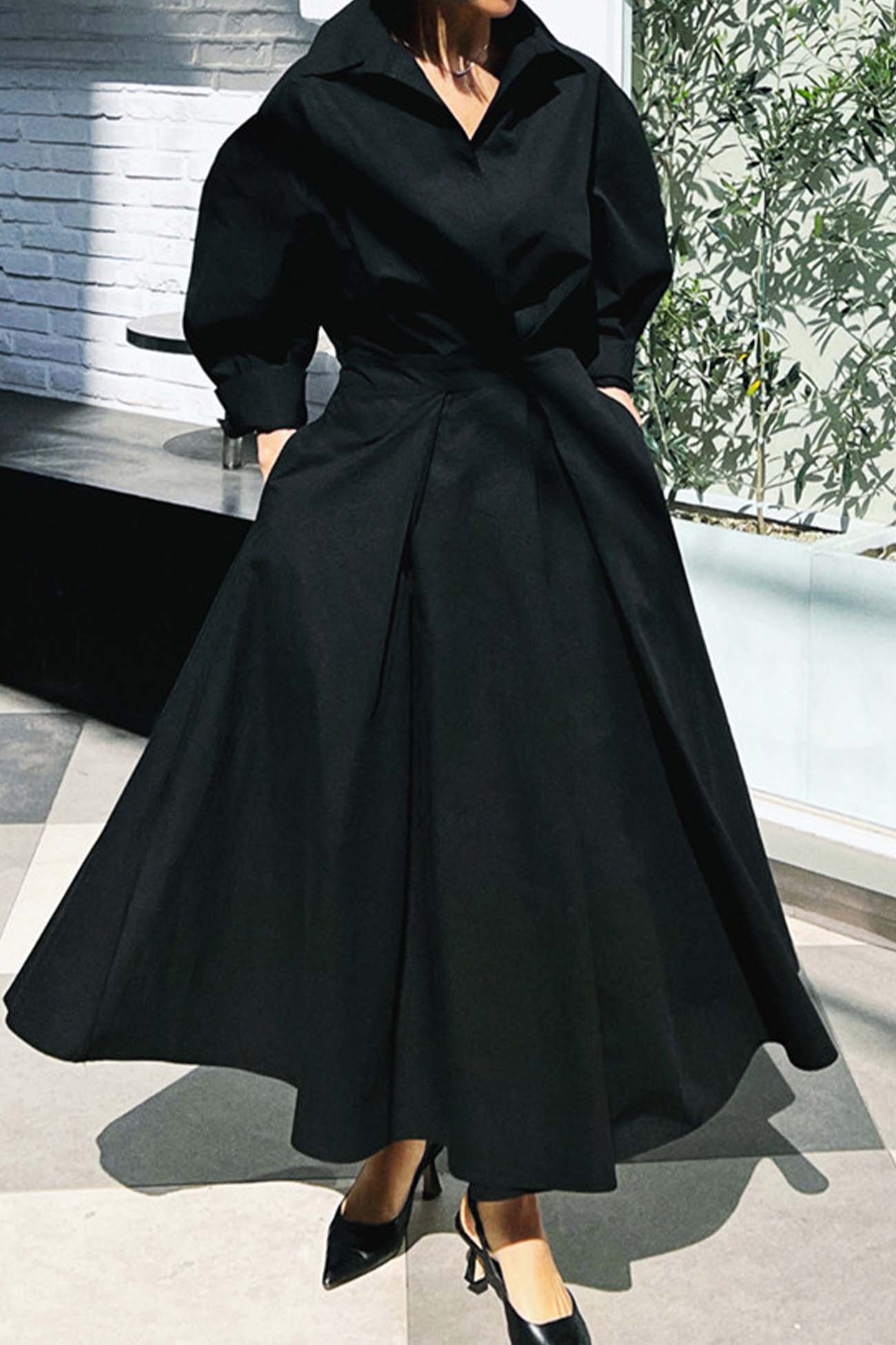 CM | Vestido midi camisero de manga larga A en algodón