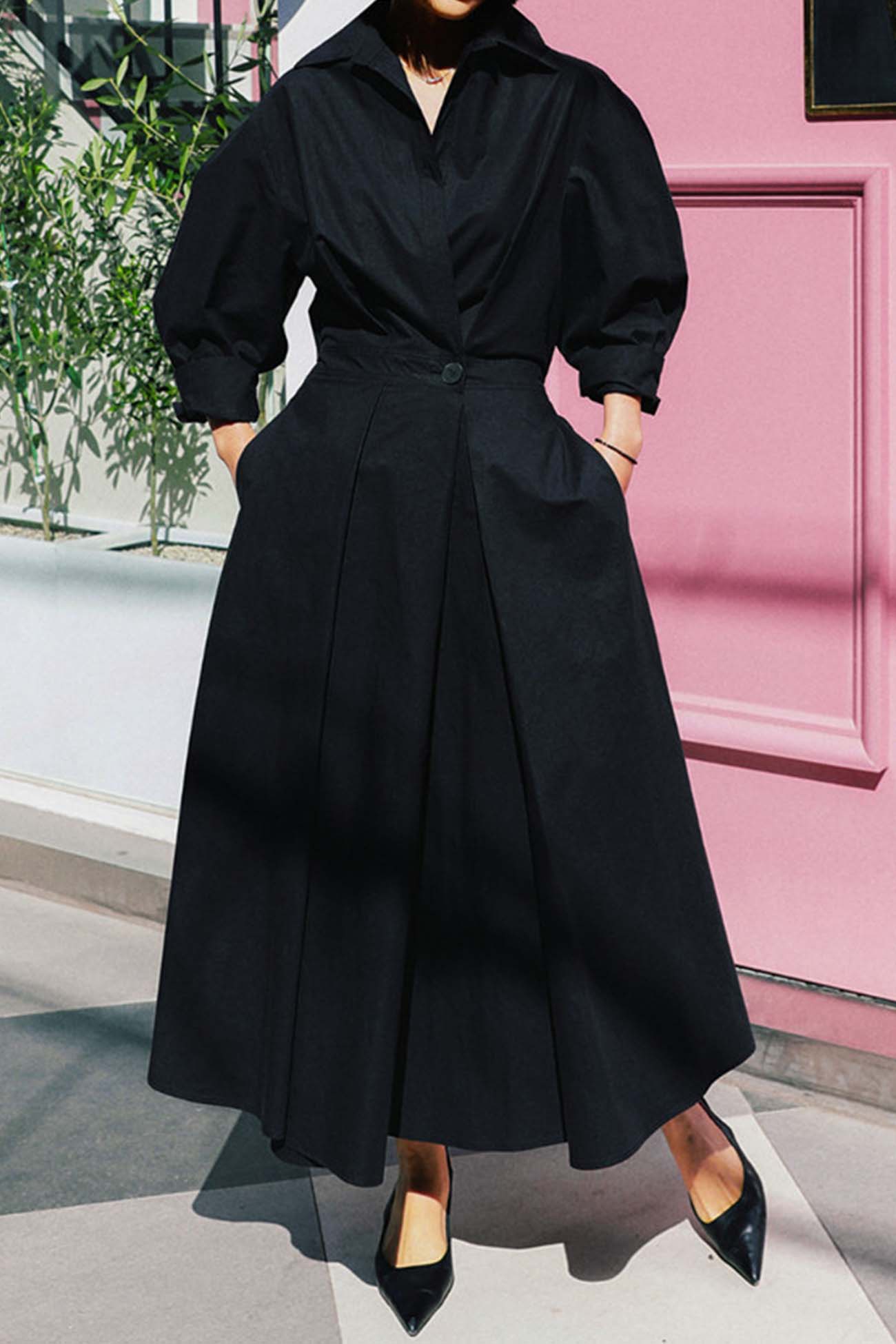 CM | Vestido midi camisero de manga larga A en algodón