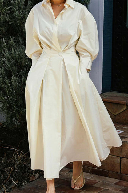 CM | Vestido midi camisero de manga larga A en algodón