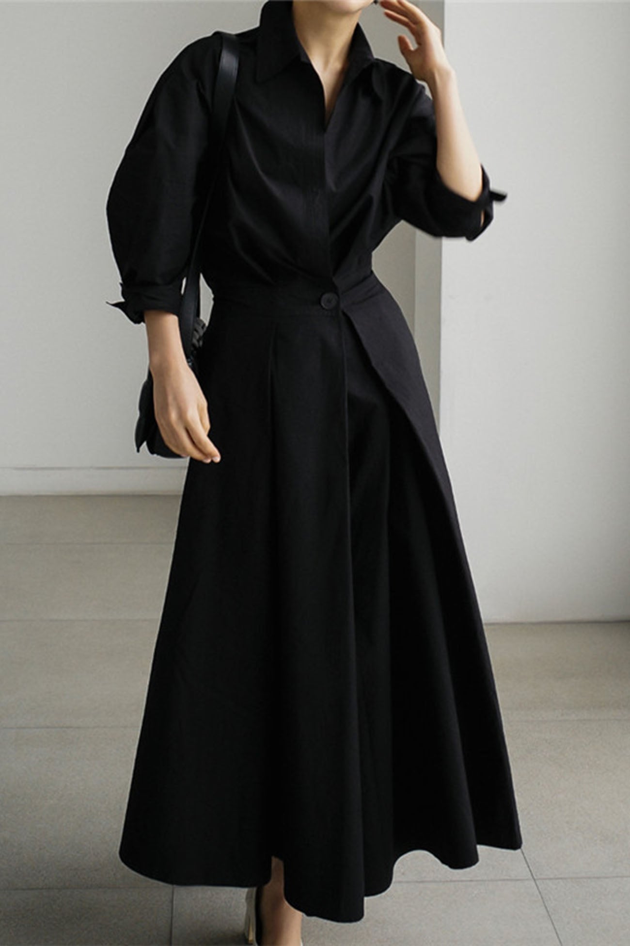 CM | Vestido midi camisero de manga larga A en algodón