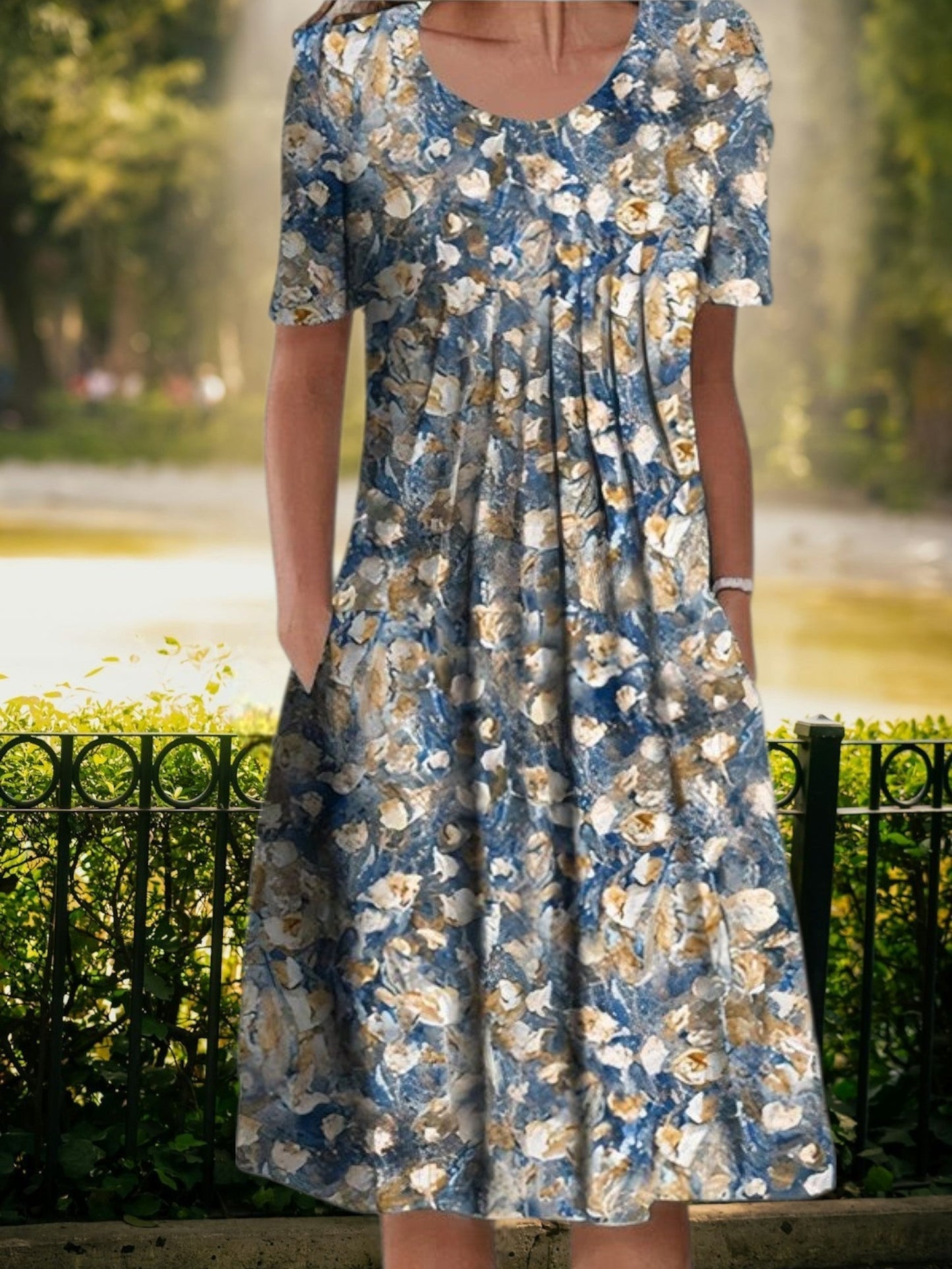 CM | Vestido midi veraniego con escote redondo, manga corta y corte holgado