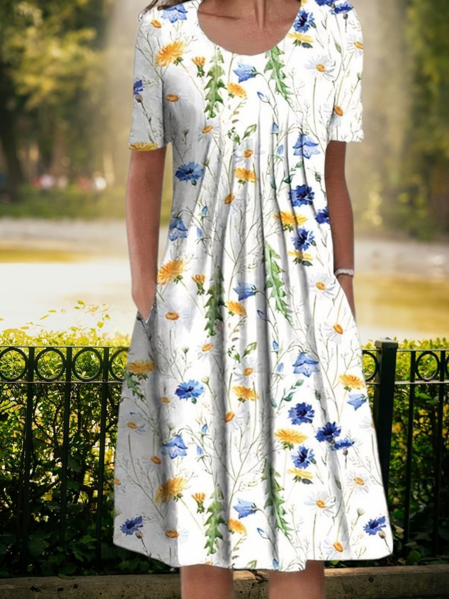 CM | Vestido midi veraniego con escote redondo, manga corta y corte holgado