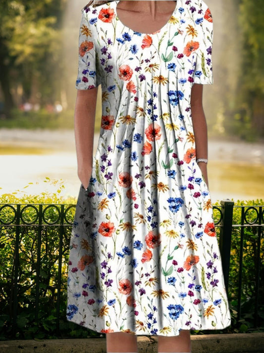 CM | Vestido midi veraniego con escote redondo, manga corta y corte holgado