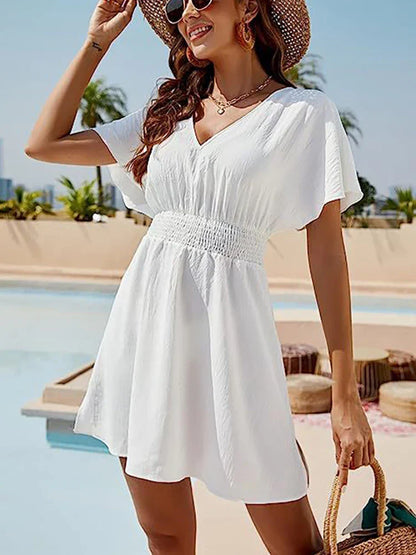 CM | 2024 Sólido suelto blanco vestido de playa damas boho mini vestido