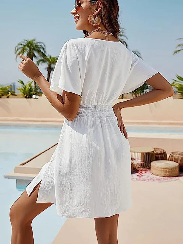 CM | 2024 Sólido suelto blanco vestido de playa damas boho mini vestido